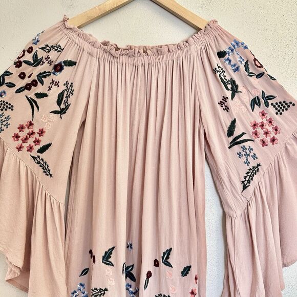Altar'd State Women's Dusty Rose Gauze Dress Embroidered Off Shoulder Small - Picture 2 of 13